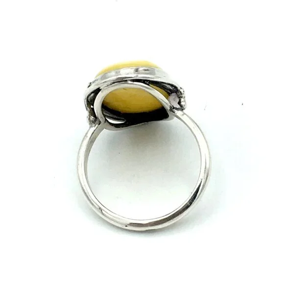 BALTIC egg yolk amber sterling silver size 9 ring - Art Nouveau style calla lily